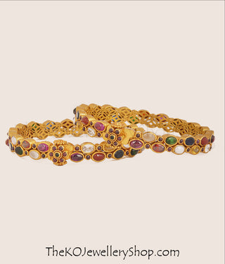 Buy online hand crafted gold dipped navratna silver bangles for women