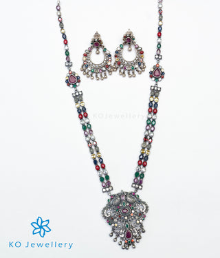 The Madhurya Silver Navaratna Peacock Necklace (Oxidised)